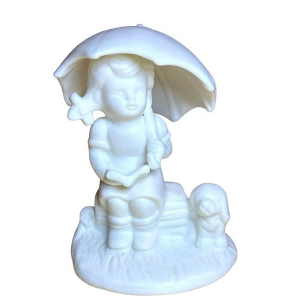Little Girl with Umbrella + Puppy Dog Reading Book Whimsical Porcelain Figurine